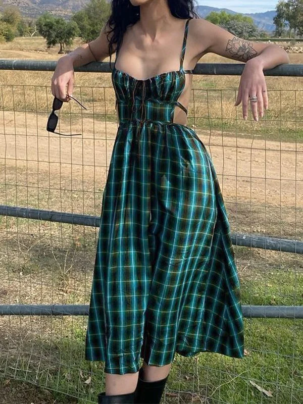 BerryBetty - Backless Green Checkered Maxi Dress Elegant Silk Maxi Dress