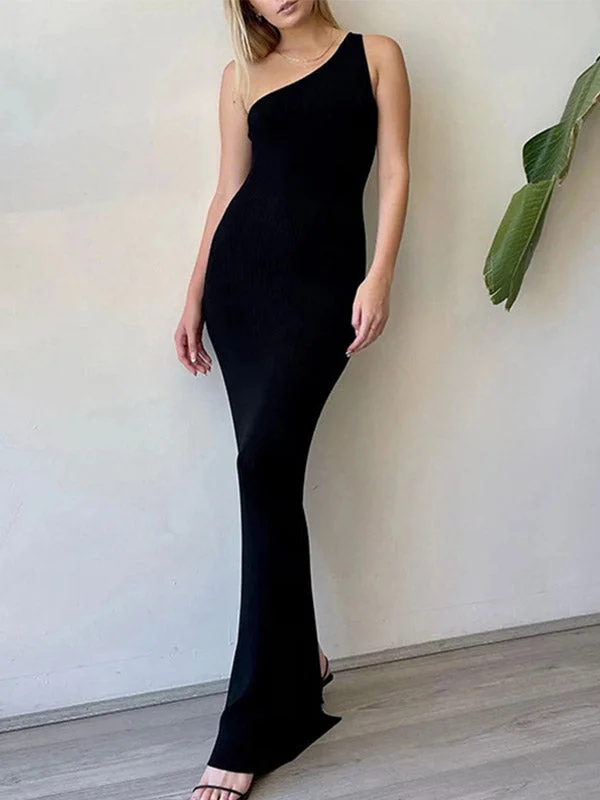 BerryBetty - Backless Split One Shoulder Ribbed Maxi Dress Trendy Short Sleeve Maxi Dress