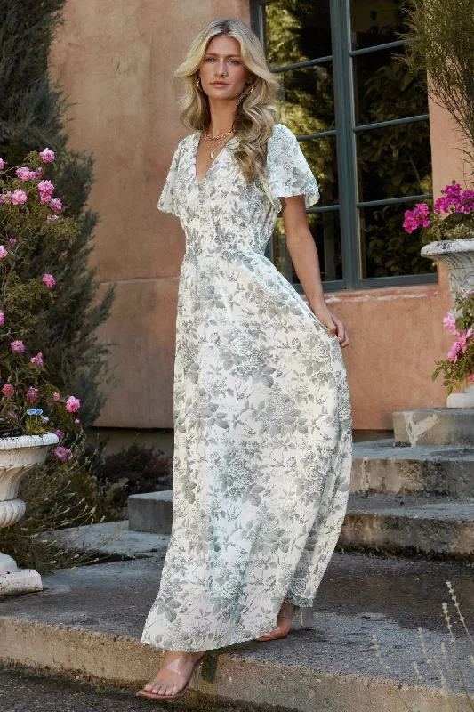 Birdie Maxi Dress | White + Sage Floral Elegant Maxi Dress with Belt