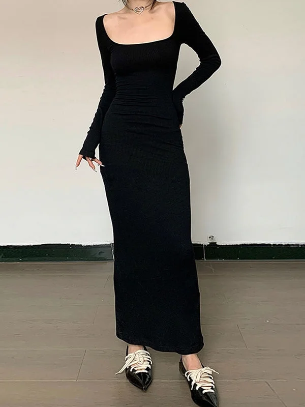 BerryBetty - Black Long Sleeve Bodycon Maxi Dress Fashionable Printed Maxi Dress