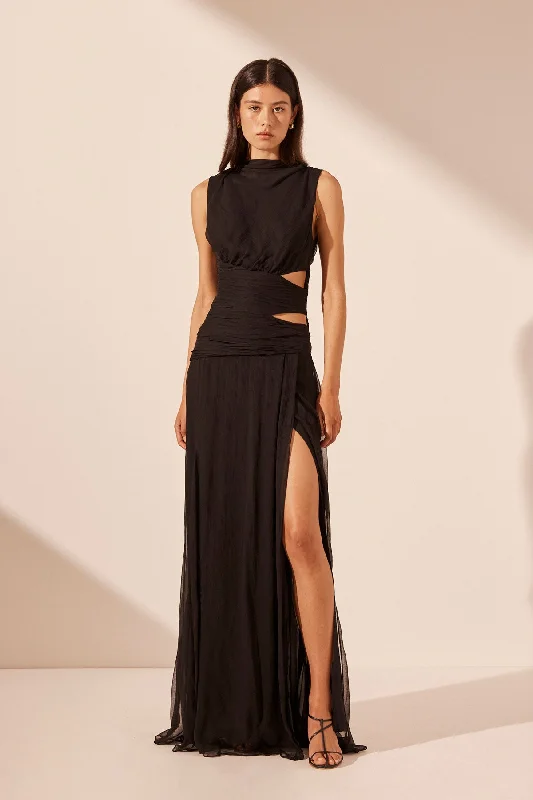 CLAUDE CUT OUT SIDE SPLIT MAXI DRESS - BLACK Fashionable Asymmetrical Maxi Dress
