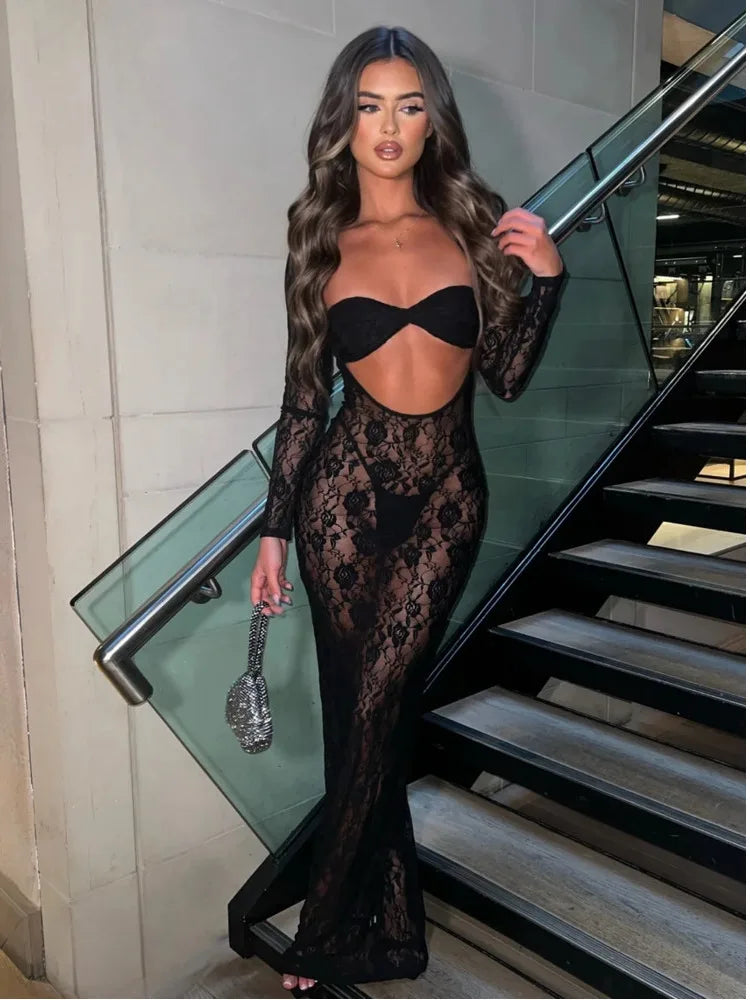 Lace Perspective Long Sleeve Slim Fit Summer Maxi Dress Fashionable High-Waist Maxi Dress
