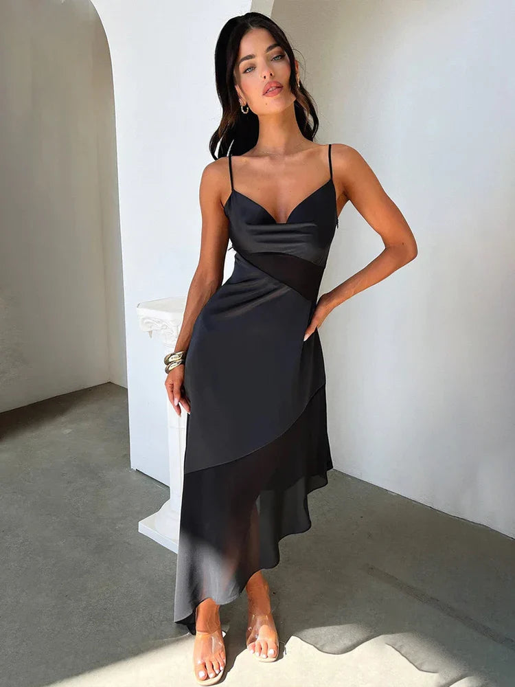 Mesh Patchwork Long Spaghetti Strap Asymmetric Sexy Spring Summer Maxi Dress Trendy Maxi Dress with Belt