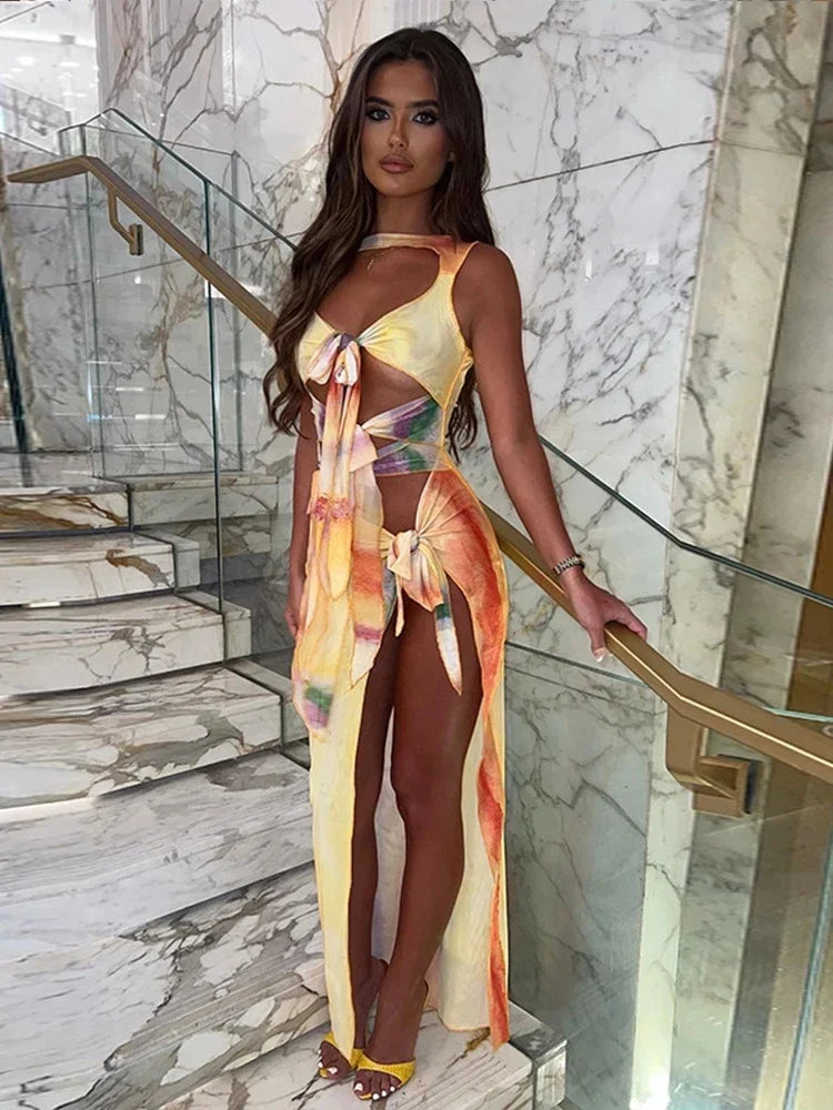 Hollow Out Split Bandage Gradient Print Elegant Spring Summer Maxi Dress Classic A-Line Maxi Dress