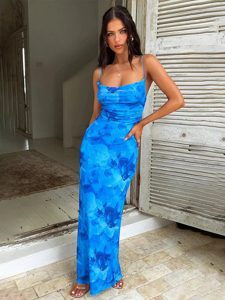 Print Bodycon Long Spaghetti Strap Backless Sexy Spring Summer Maxi Dress Comfortable Flowy Maxi Dress