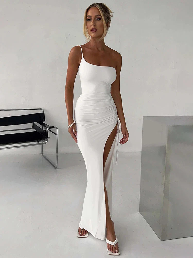 One Shoulder Long High Split Party Drawstring Slim Sexy Summer Maxi Dress Trendy Satin Maxi Dress