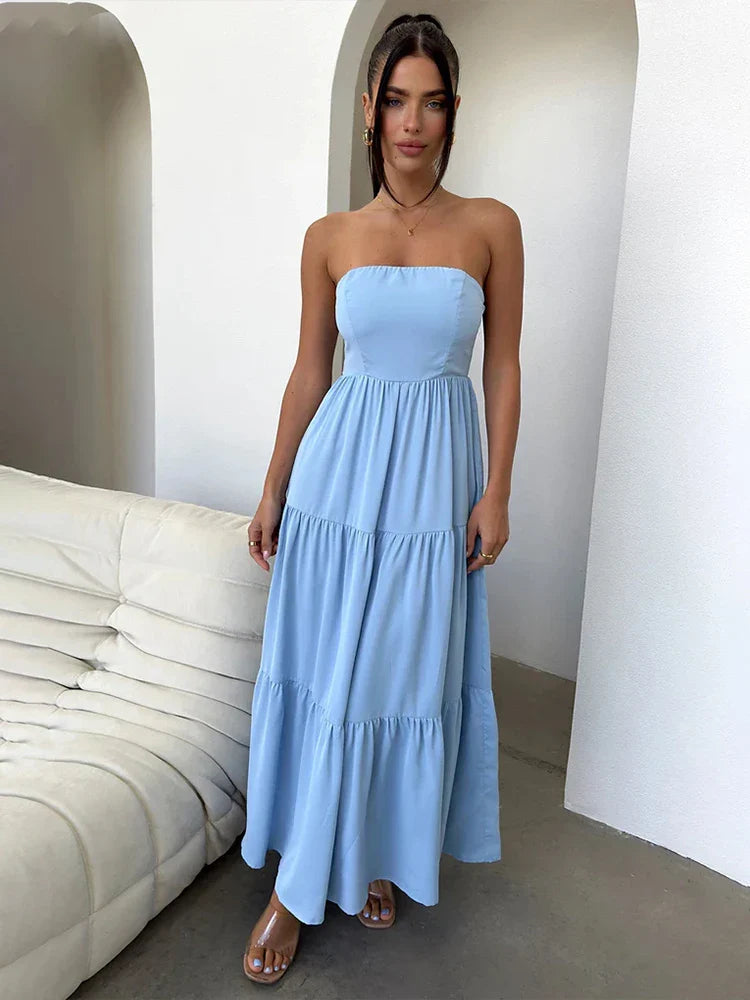 Pleated A-line Long Off Shoulder Backless Nightclub Spring Summer Maxi Dress Comfortable Pleated Maxi Dress