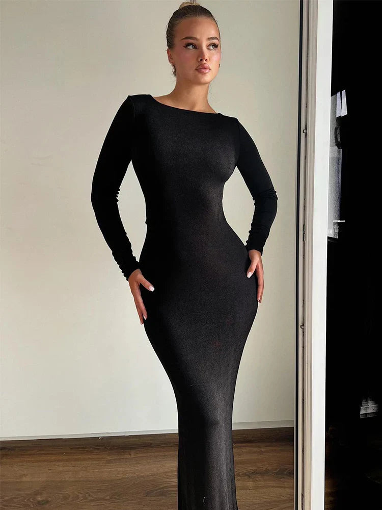 Long Slim Bodycon Temperament Backless Nightclub Sexy Autumn Winter Maxi Dress Stylish Pleated A-Line Maxi Dress