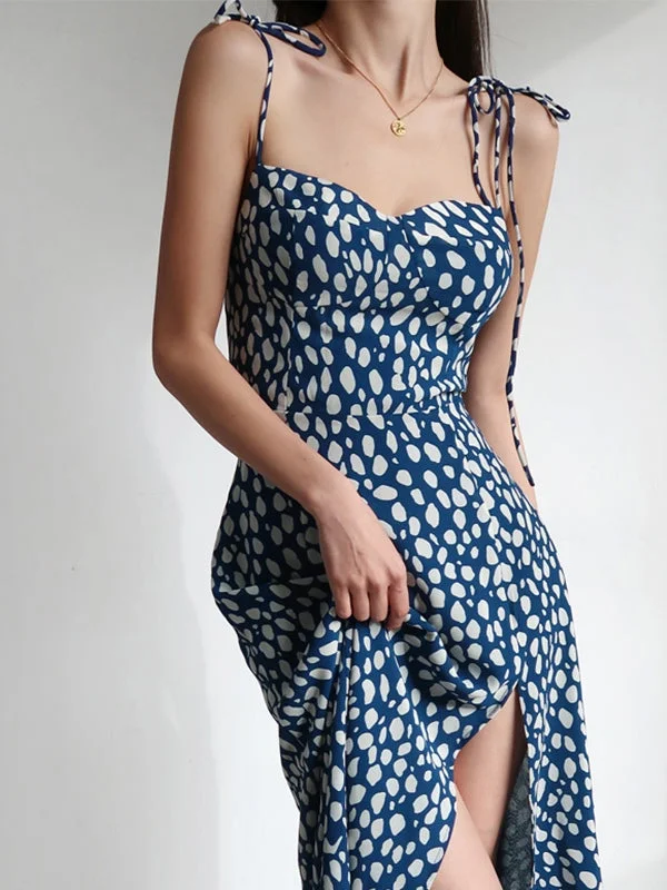 BerryBetty - Dalmatian Print Tie Strap Split Maxi Dress Comfortable Ruffle Hem Maxi Dress