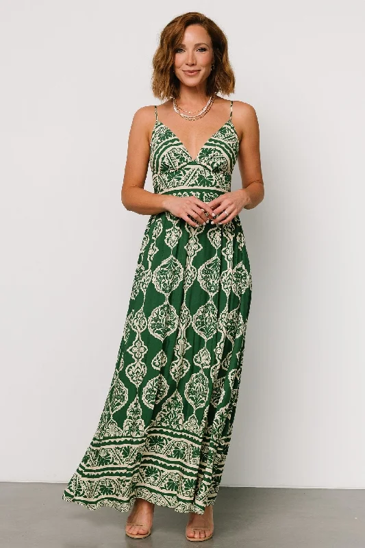 Davinah V Neck Maxi Dress | Green Print Comfortable Pleated Maxi Dress