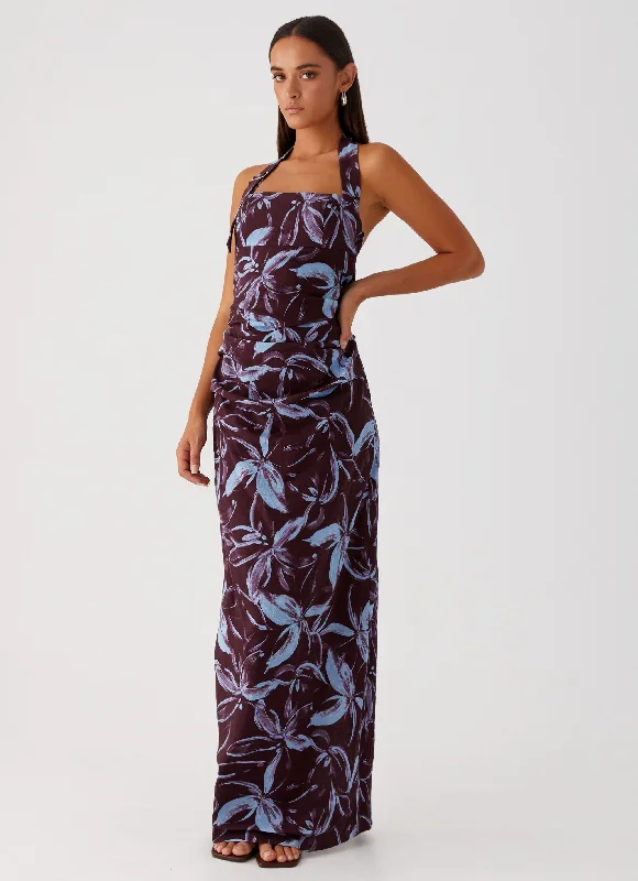 Fauna Halter Maxi Dress - Brown Purple Floral Casual Maxi Dress with Pockets