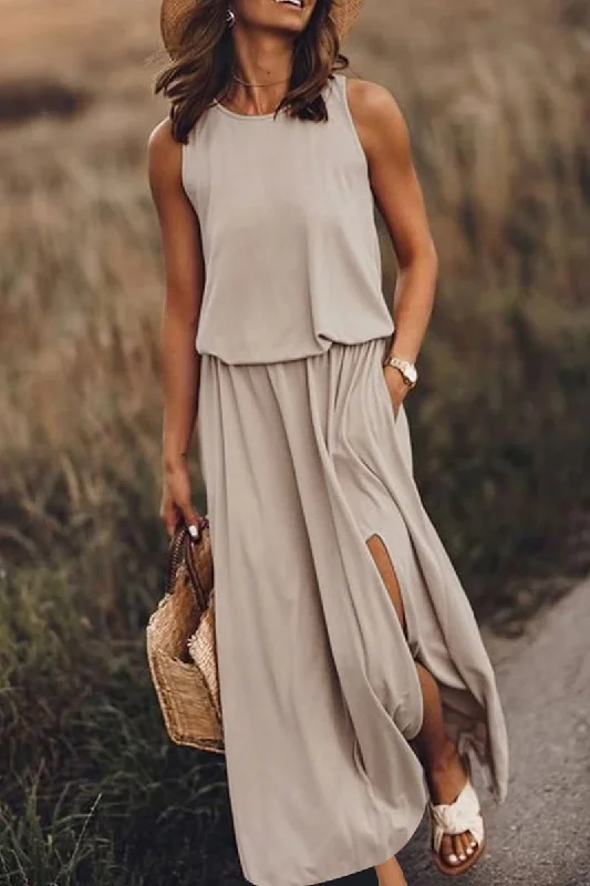 Florcoo Bohemian Sleeveless Side Slit Maxi Dress Elegant Boho Maxi Dress