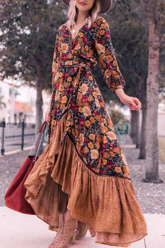 Florcoo Long Sleeve Print Retro Long Maxi Dress Stylish One-Shoulder Maxi Dress