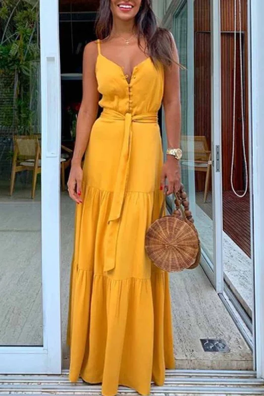Florcoo Button V-Neck Maxi Dress With Belt(3 Colors) Fashionable Asymmetrical Maxi Dress