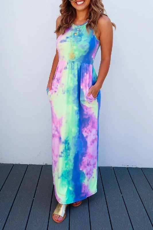 Florcoo Tie-dye Printed Multicolor Maxi Dress Elegant Silk Maxi Dress
