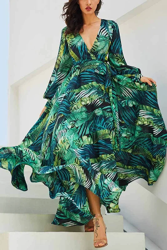 Florcoo V-Neck Leaf Print Maxi Dress Classic Solid Maxi Dress