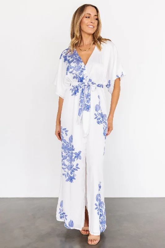 Florina Kimono Maxi Dress | White + Blue Cozy Knitted Maxi Dress