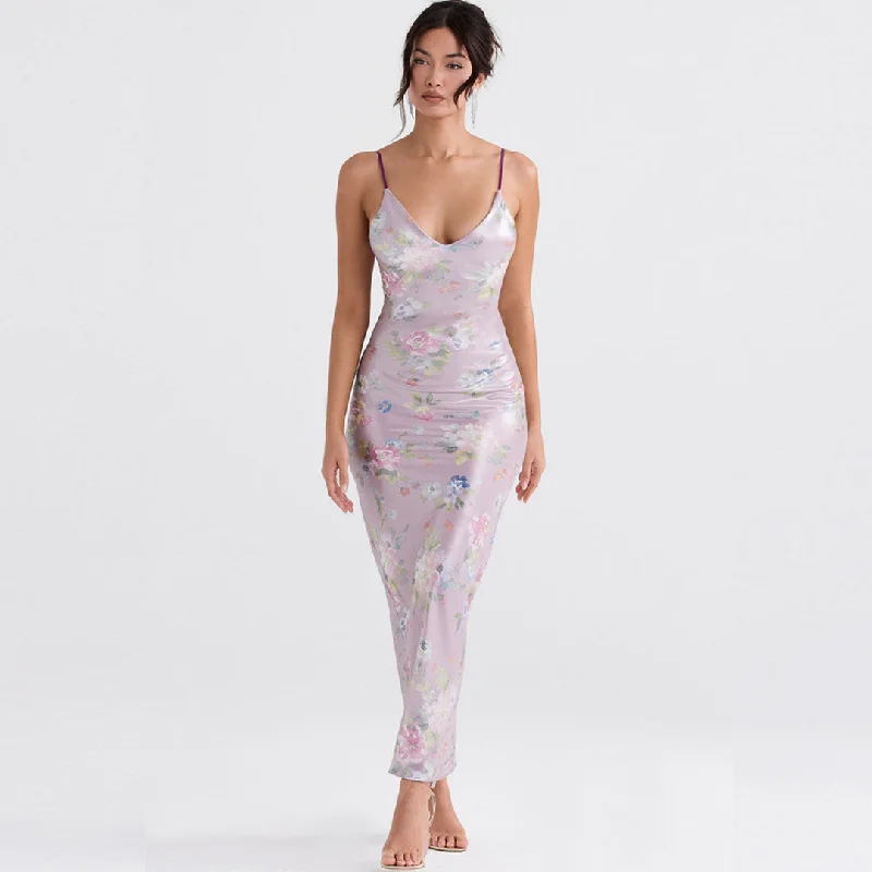 BerryBetty - Flower Print V Neck Sleeveless Bodycon Maxi Dress - Pink Stylish Longline Maxi Dress