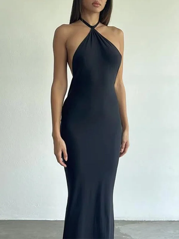 BerryBetty - Halter Neck Black Maxi Dress Classic V-Neck Maxi Dress
