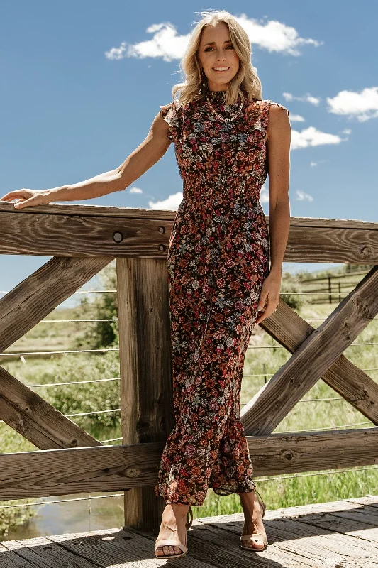 Kearny Ruffle Maxi Dress | Brown Multi Floral Comfortable Plunging Neckline Maxi Dress
