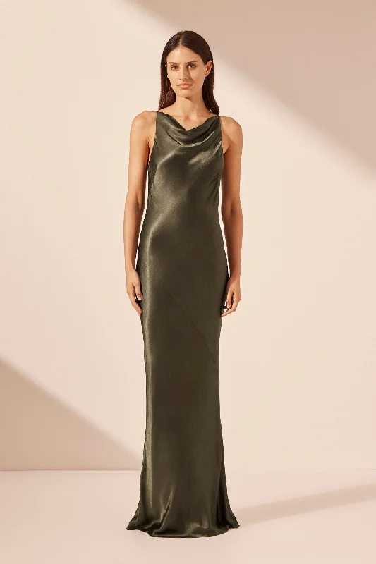 LA LUNE HIGH NECK COWL MAXI DRESS - FOREST Trendy V-Neck Maxi Dress
