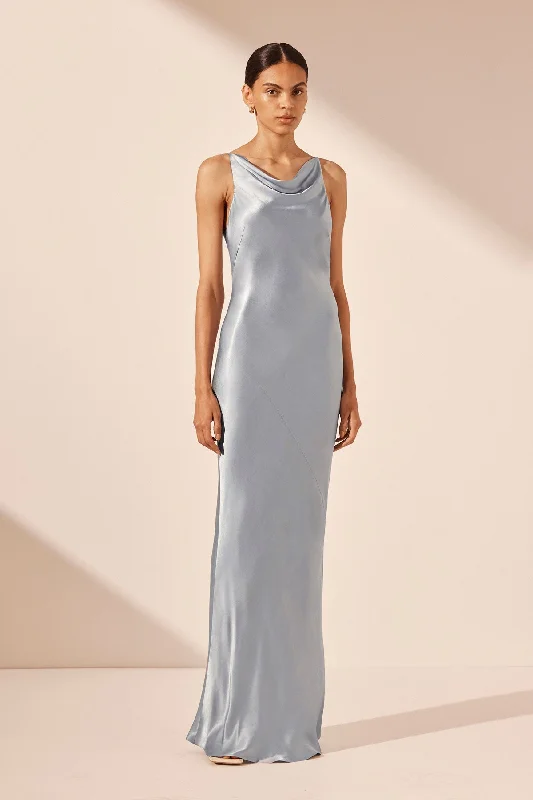 LA LUNE HIGH NECK COWL MAXI DRESS - POWDER BLUE Comfortable Maxi Dress with Slits