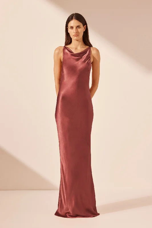 LA LUNE HIGH NECK COWL MAXI DRESS - TERRACOTTA Fashionable Sheer Maxi Dress