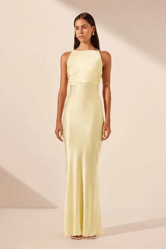 LA LUNE HIGH NECK RUCHED MAXI DRESS - LEMON Elegant Maxi Dress with Lace