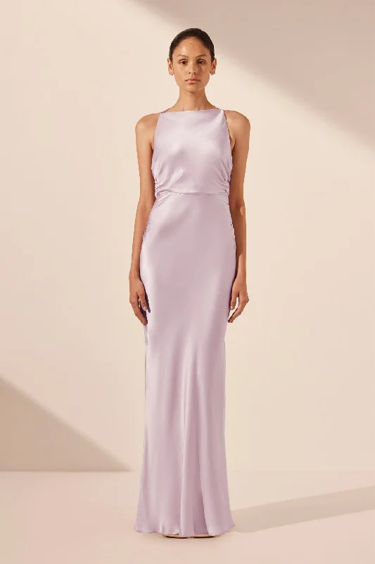 LA LUNE HIGH NECK RUCHED MAXI DRESS - LILAC Trendy Floral Print Maxi Dress