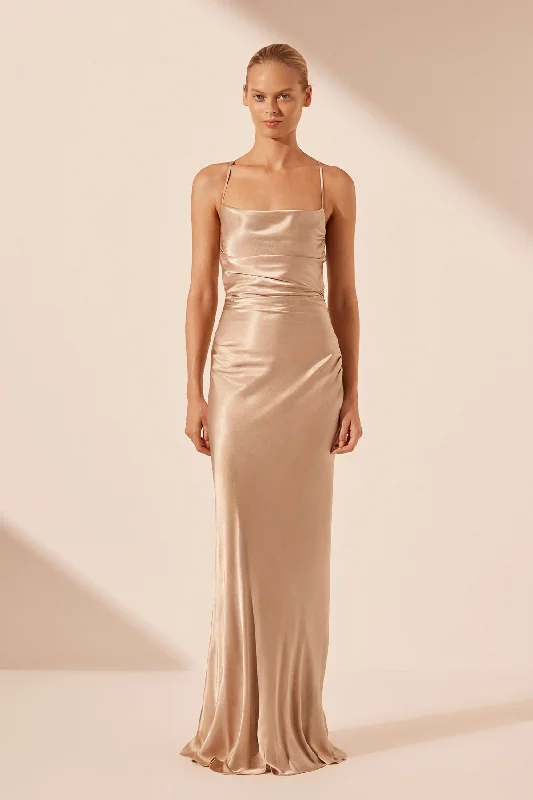 LA LUNE LACE BACK MAXI DRESS - GOLD Elegant Pleated Maxi Dress