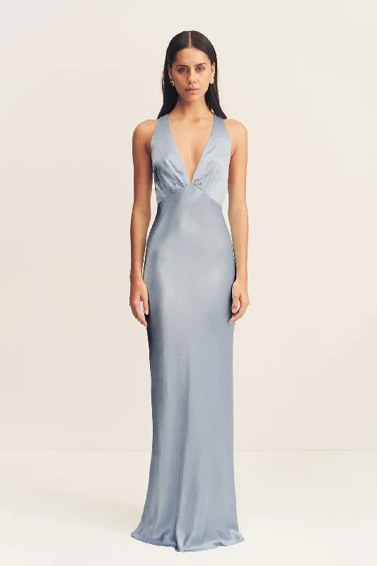 LA LUNE PLUNGED CROSS BACK MAXI DRESS - POWDER BLUE Fashionable Button-Down Maxi Dress