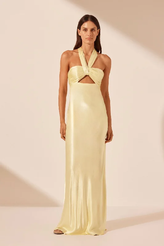 LA LUNE RUCHED HALTER MAXI DRESS - LEMON Trendy A-Line Maxi Dress