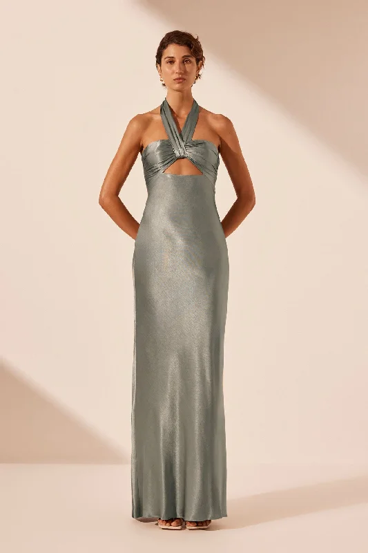 LA LUNE RUCHED HALTER MAXI DRESS - SAGE Trendy Maxi Dress with Bow
