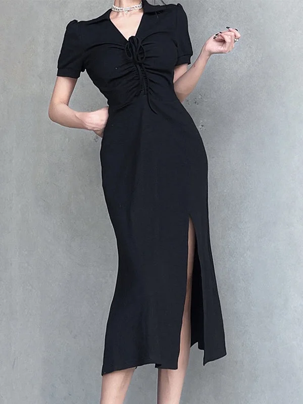 BerryBetty - Lace Up Slit Knitted Black Maxi Dress Comfortable Plunging Neckline Maxi Dress