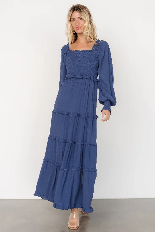 Lana Smocked Maxi Dress | Blue Elegant Maxi Dress with Slit