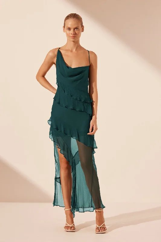 LAYLA ASYMMETRICAL RUFFLE MAXI DRESS - DARK TEAL Elegant Wraparound Maxi Dress