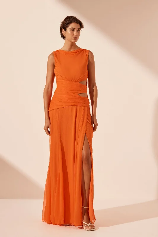 LAYLA CUT OUT SIDE SPLIT MAXI DRESS - FLAME ORANGE Elegant Maxi Dress with Slit