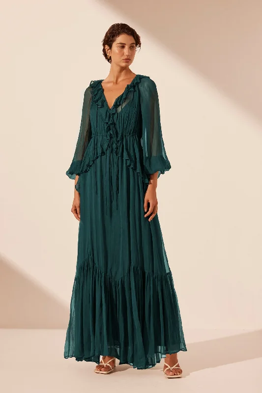 LAYLA DRAWSTRING RUFFLE MAXI DRESS - DARK TEAL Stylish Boho Chic Maxi Dress