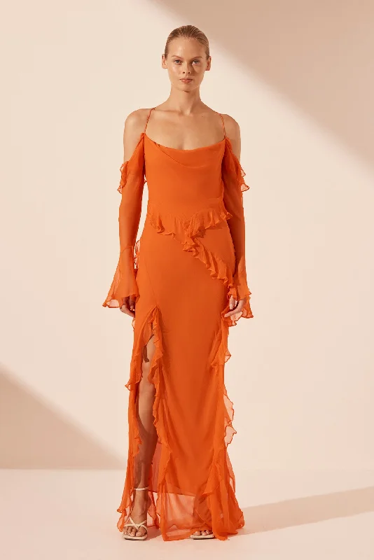LAYLA LONG SLEEVE RUFFLE MAXI DRESS - FLAME ORANGE Cozy Spaghetti Strap Maxi Dress