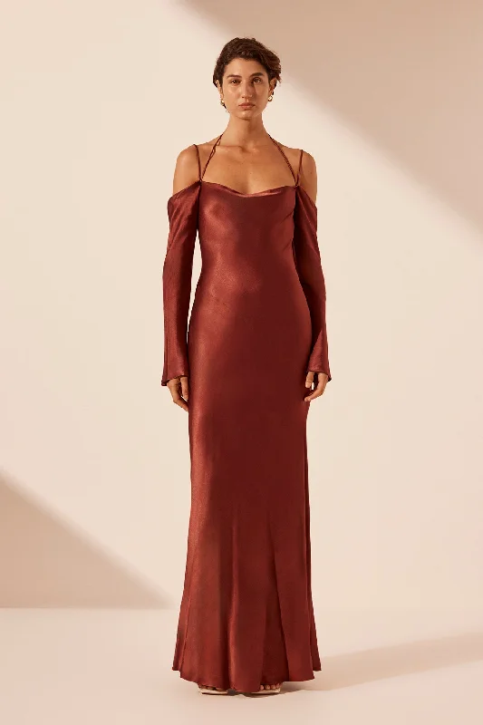 LINO OFF SHOULDER TIE MAXI DRESS - MAHOGANY Elegant Maxi Dress with Drapes