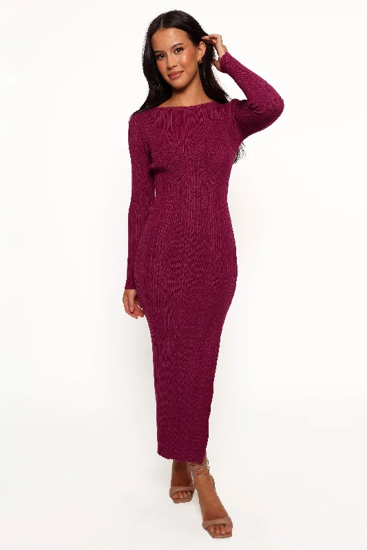 Mattie Long Sleeve Maxi Dress - Plum Cozy Open-Back Maxi Dress
