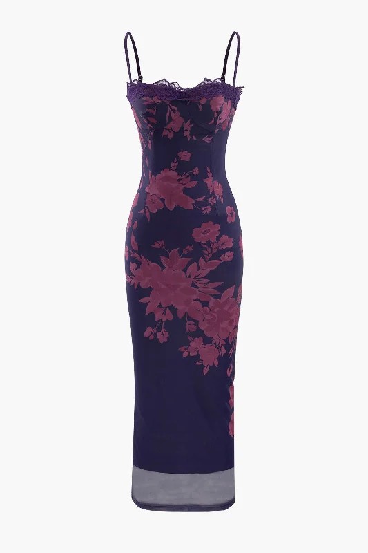Floral Print Lace Trim Slit Maxi Dress Chic Button-Up Maxi Dress