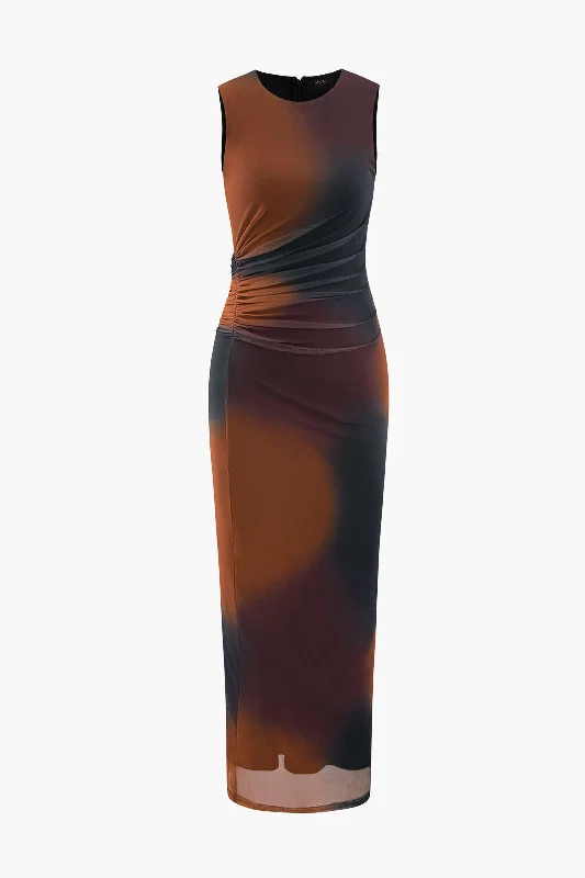 Tie Dye Mesh Slit Sleeveless Maxi Dress Elegant Boho Maxi Dress