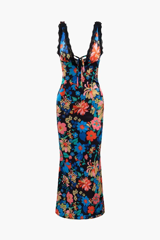 Floral Print Lace Trim V-neck Maxi Dress Trendy Maxi Dress with Bow
