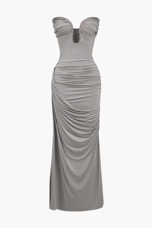 Solid Strapless Ruched Maxi Dress Cozy Longline Maxi Dress