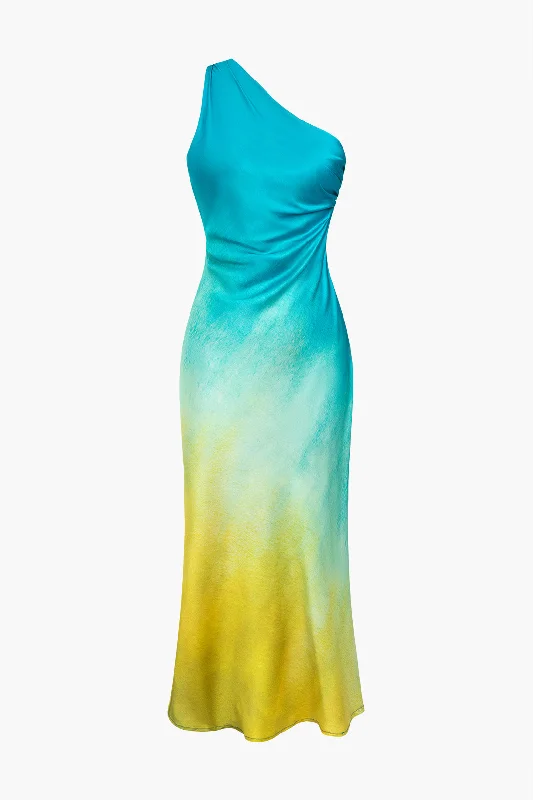 Ombre Print Satin Asymmetrical Maxi Dress Trendy Fit-and-Flare Maxi Dress