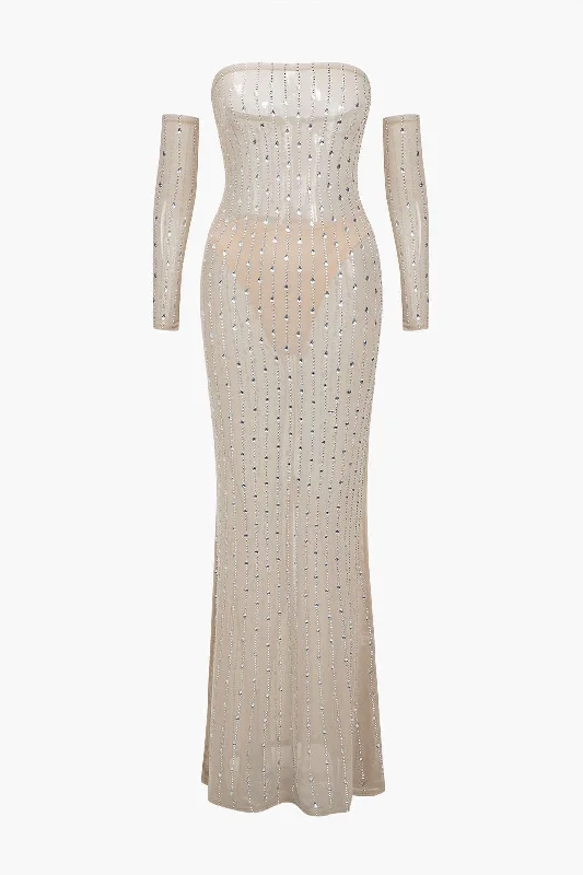 Mesh Zipper Rhinestone Maxi Dress With Gloves Trendy V-Neck Maxi Dress