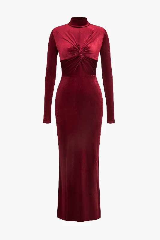 Velvet Twisted Ruched Long Sleeve Maxi Dress Trendy Button Front Maxi Dress