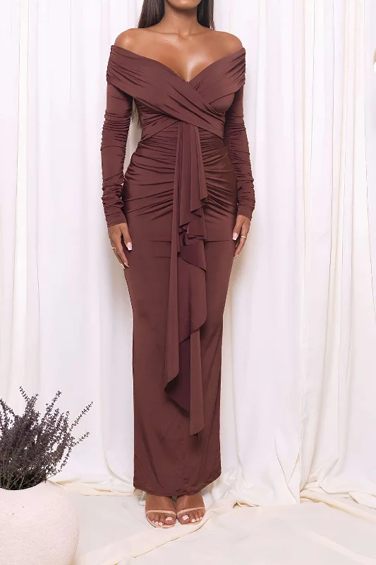 Ruched Off Shoulder Drape Detail Maxi Dress Elegant Boho Maxi Dress