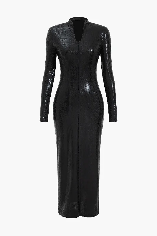 Crocodile Faux Leather Zipper V-Neck Maxi Dress Elegant Maxi Dress with Ruffles